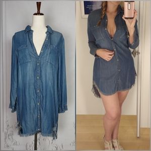 Workshop Chambray Tencel Frayed Distressed Button Up Shirt Dress